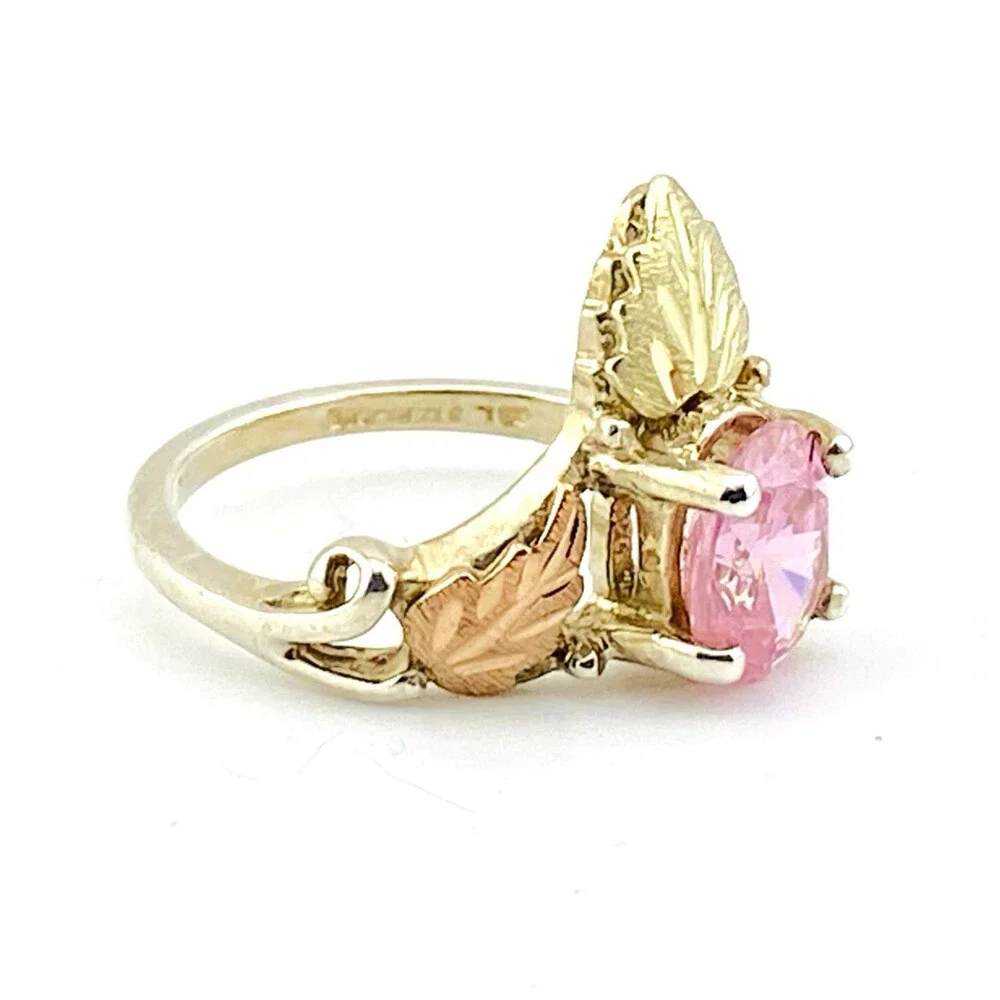 Vintage Black Hills Gold Ring Pink CZ Crown Setting 12k Leaves Sterling Silver